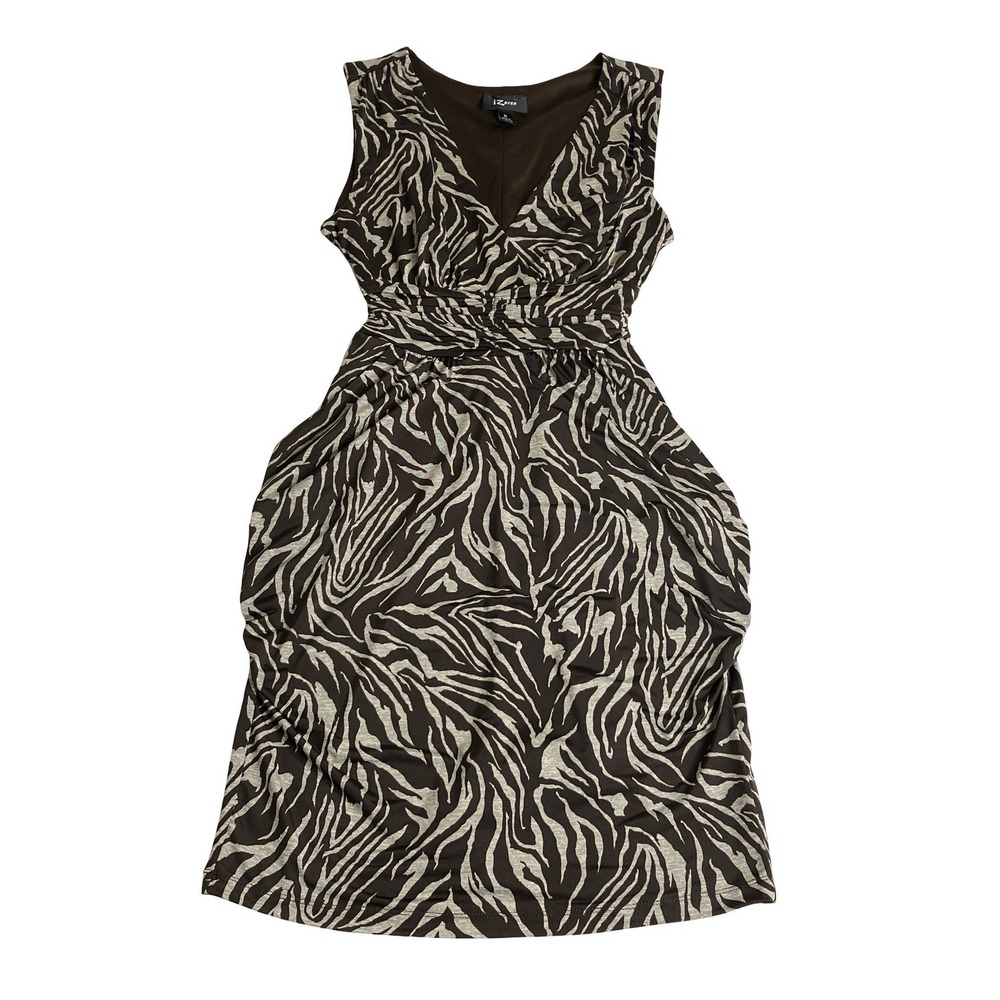 Y2K IZ Byer Zebra Dress Medium Brown Ruched Babydoll Empire Tie Waist Sleeveless